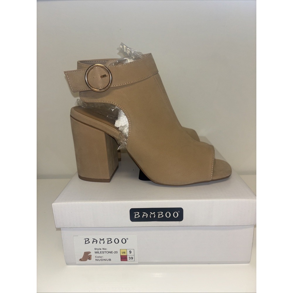 Bamboo Milestone-20 Nudnub Beige Open Toe Block Heel Buckle Booties Women 9
